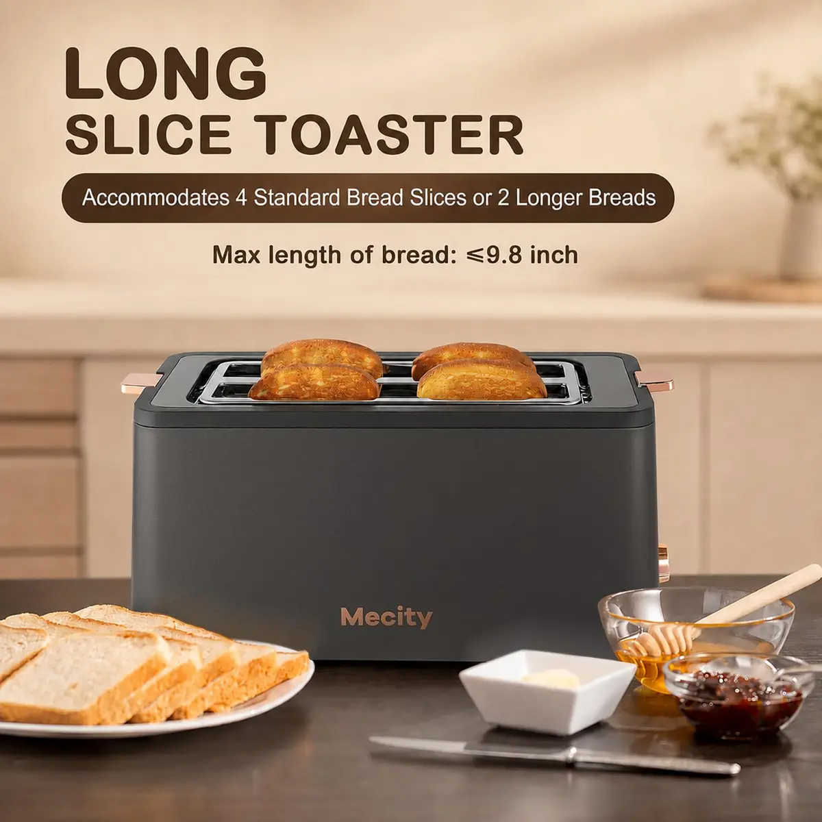 Mecity 4 Slice Toaster, Long Slot Stainless Steel | 6 Browning Settings & Warming Rack - view 2