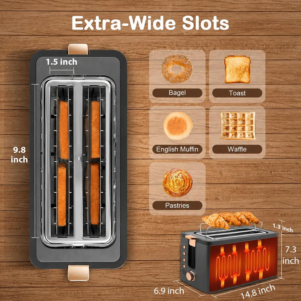 Mecity 4 Slice Toaster, Long Slot Stainless Steel | 6 Browning Settings & Warming Rack - view 3