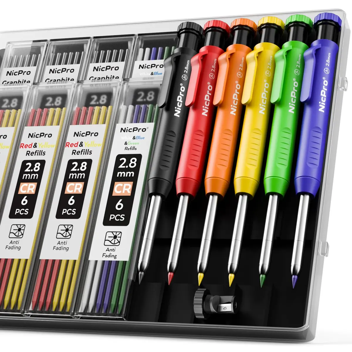 Nicpro Carpenter Pencil Set with Sharpener, 6 Pack, Refills & Storage | Precise Marking for Woodworking - main product image