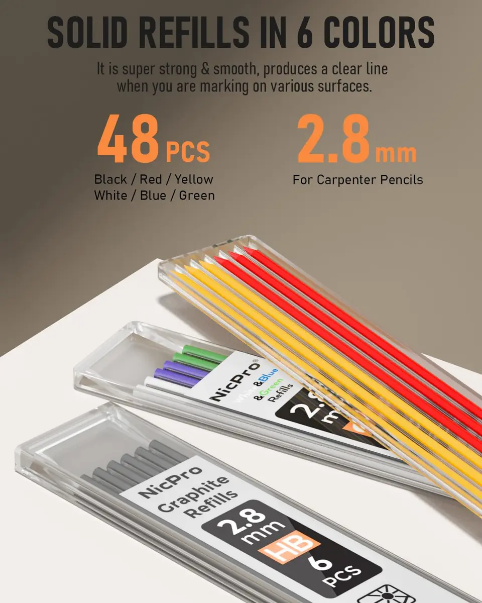 Nicpro Carpenter Pencil Set with Sharpener, 6 Pack, Refills & Storage | Precise Marking for Woodworking - view 6