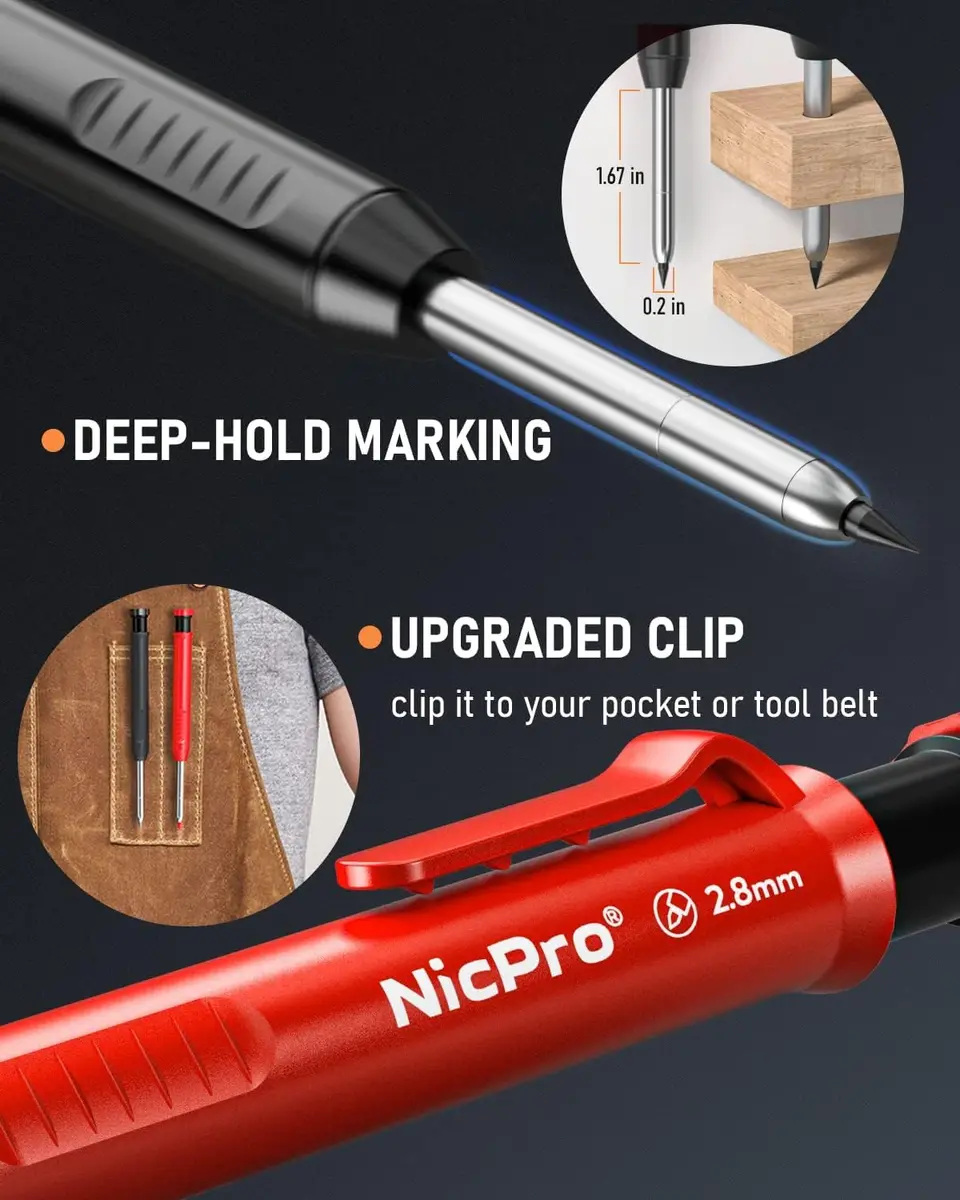 Nicpro Carpenter Pencil Set with Sharpener, 6 Pack, Refills & Storage | Precise Marking for Woodworking - view 2