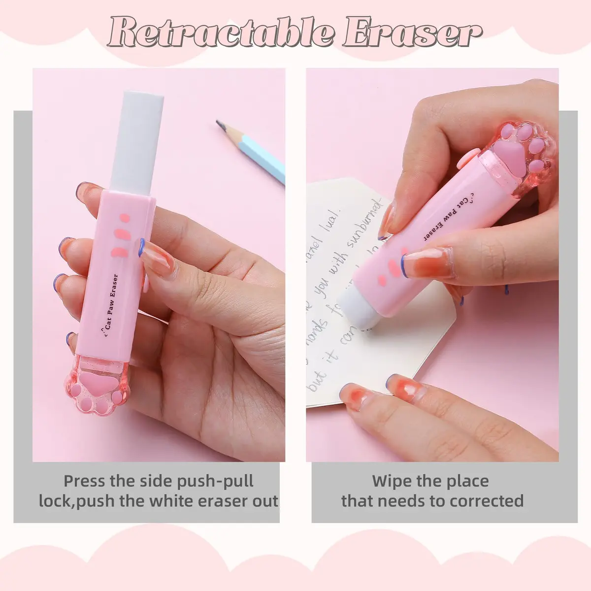 Kogcmeetl Pink Eraser | Retractable Pencil & Multipurpose Correction Tape (Pink) - view 5