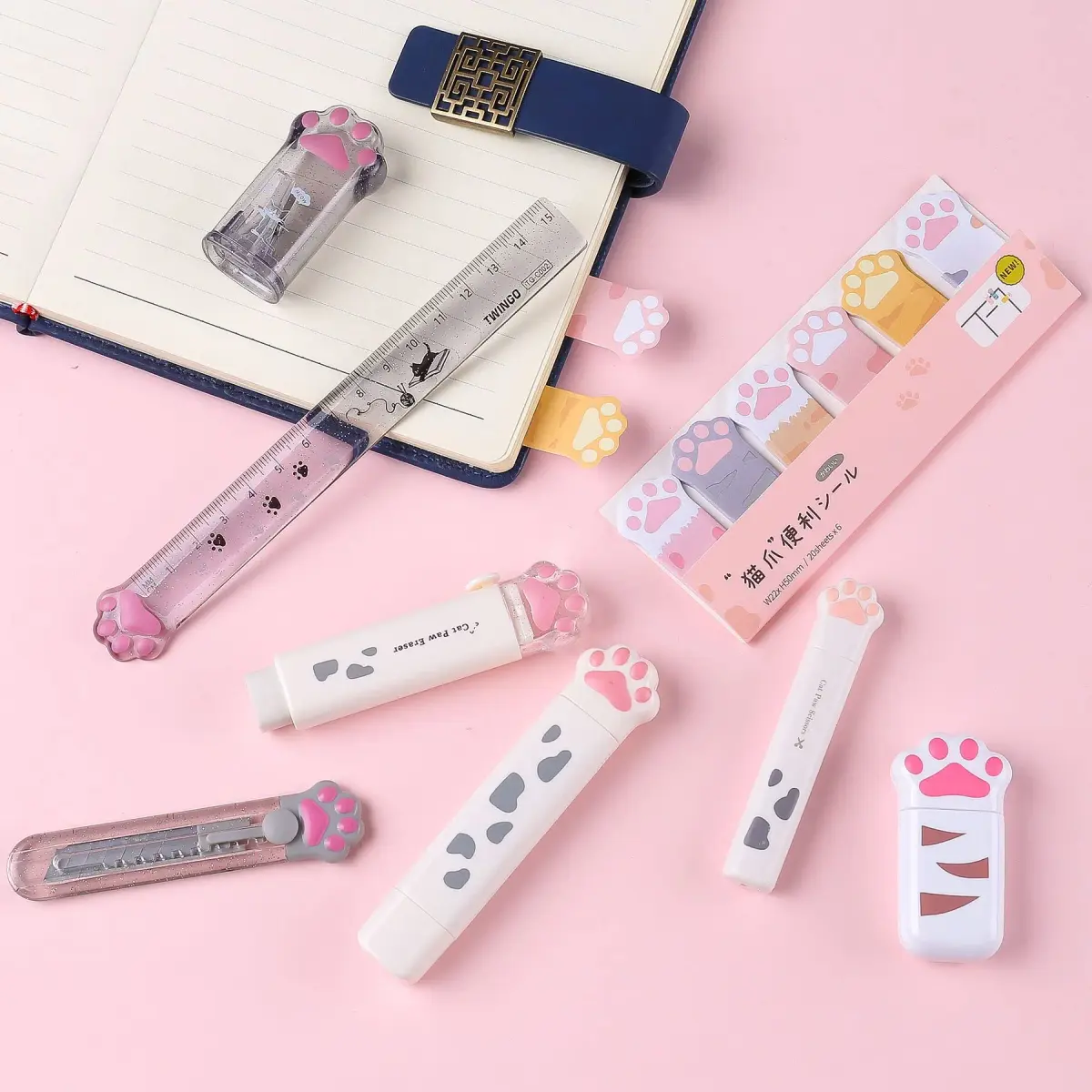 Kogcmeetl White 8 Pcs Cute Cat Paw Stationery Set | Retractable Eraser, Sharpener, Correction Tape, Sticky Notes, Ruler, Scissors, Utility Knife - view 6