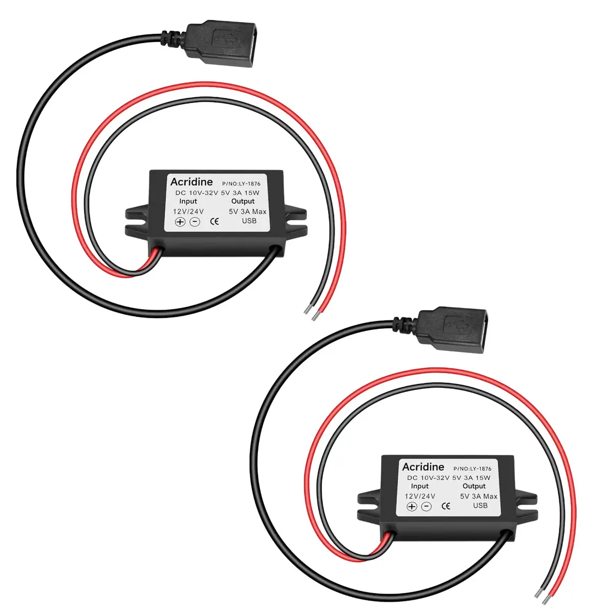 Acridine 12V 24V DC to 5V 3A USB Converter Module (2-Pack) | 96% Efficiency Buck Converter - main product image