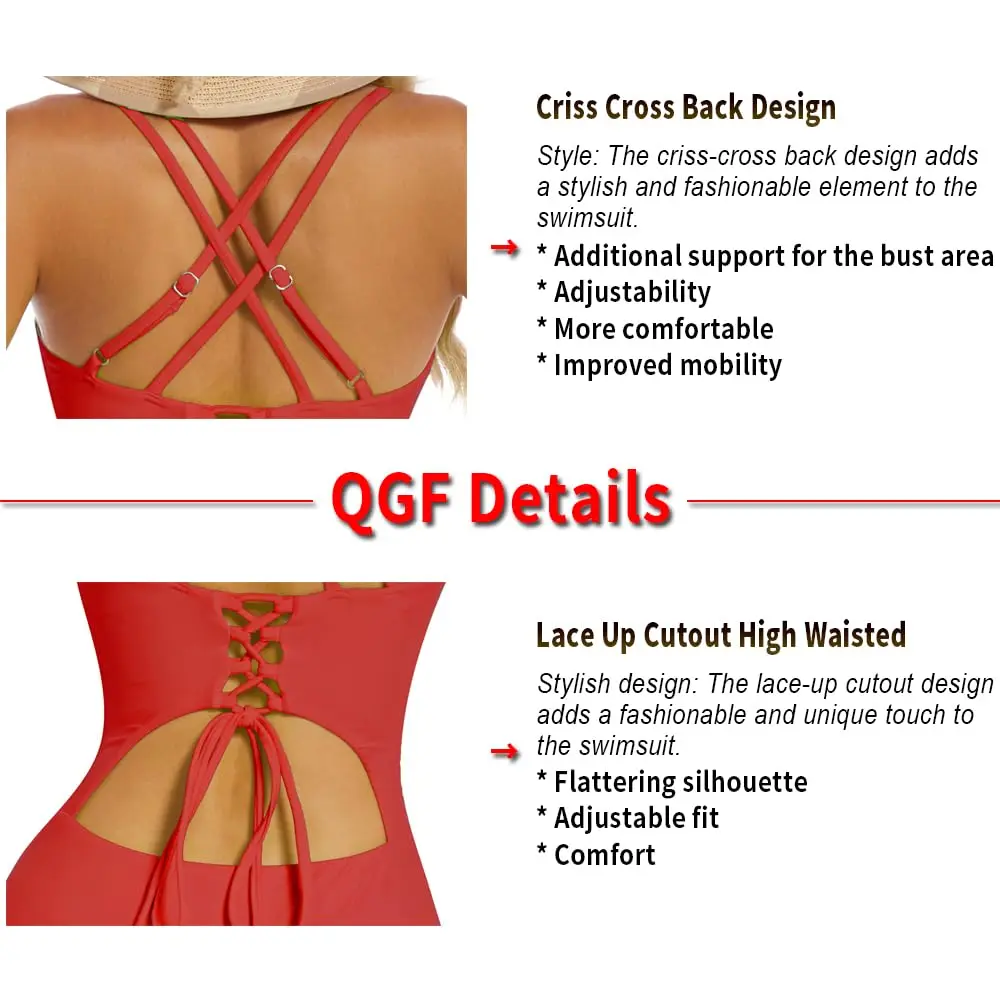 QGF One Piece Swimsuit - Tummy Control, Sexy Criss Cross Back, Ruched, Red | Classic Fit for Women - view 5