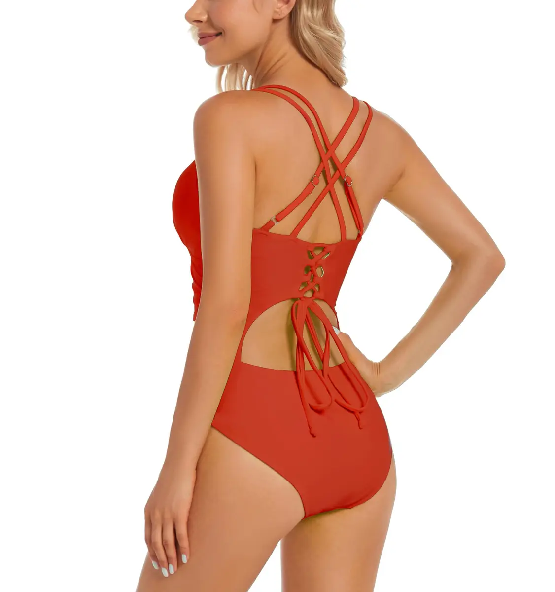 QGF One Piece Swimsuit - Tummy Control, Sexy Criss Cross Back, Ruched, Red | Classic Fit for Women - view 2