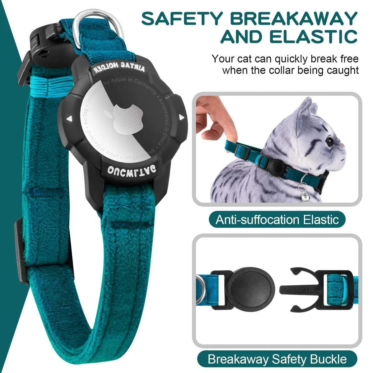 OUCWLTAG Luminous AirTag Cat Collar Breakaway 9-13 Inch | GPS Pet Tracker with Safety Elastic Band - view 3
