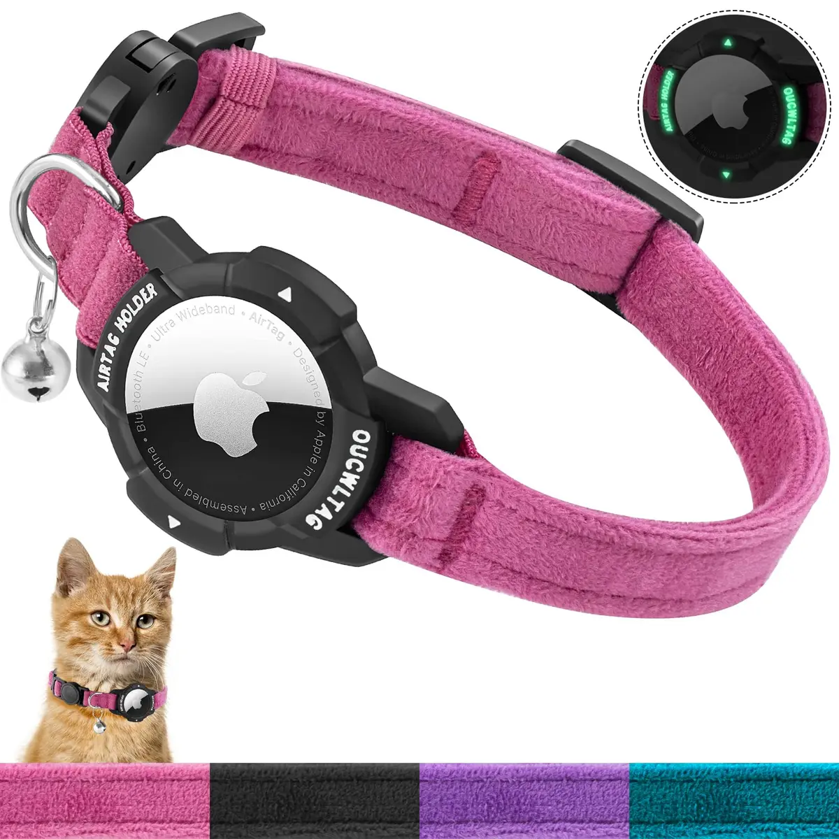 OUCWLTAG Pink Animal Collar with GPS & Luminous AirTag Holder | Breakaway Safety Elastic Band (7-10 Inch) - main product image
