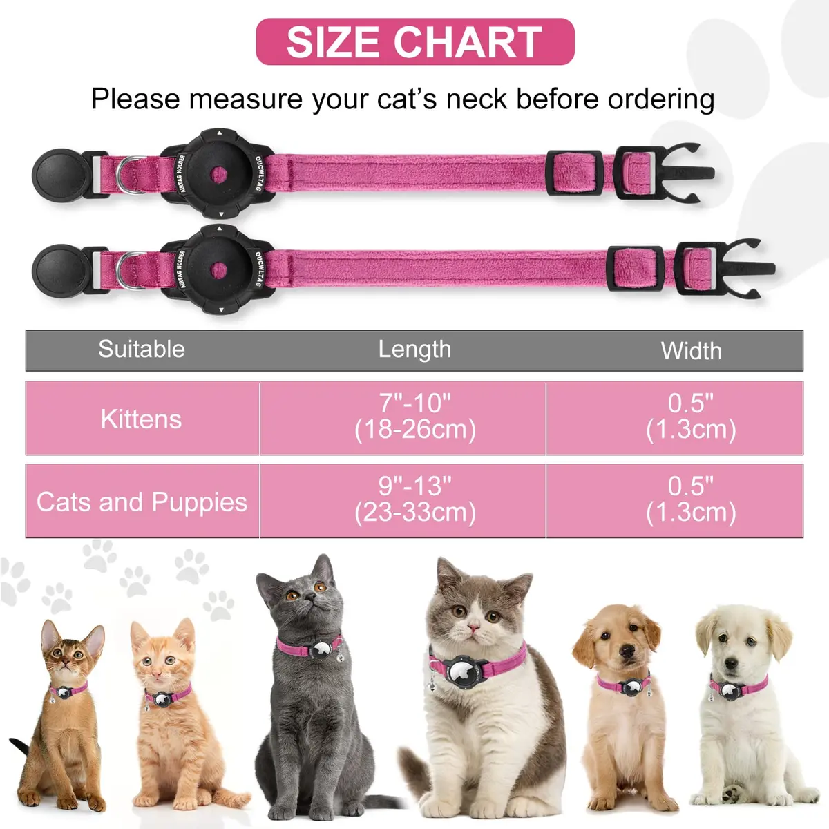 OUCWLTAG Pink Animal Collar with GPS & Luminous AirTag Holder | Breakaway Safety Elastic Band (7-10 Inch) - view 6