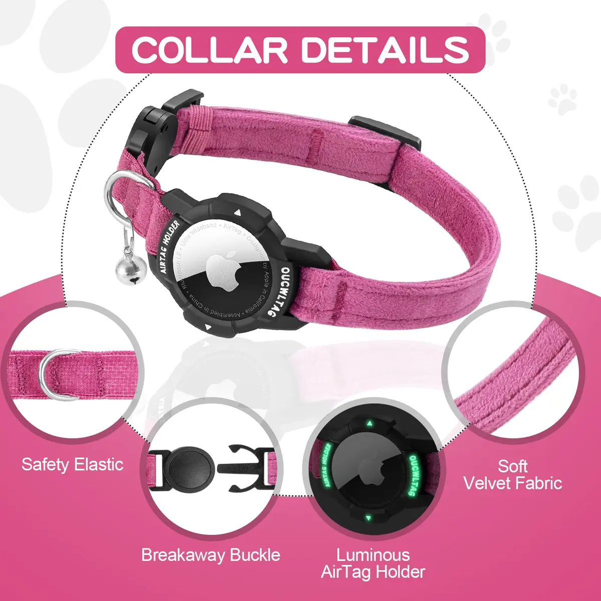 OUCWLTAG Pink Animal Collar with GPS & Luminous AirTag Holder | Breakaway Safety Elastic Band (7-10 Inch) - view 2
