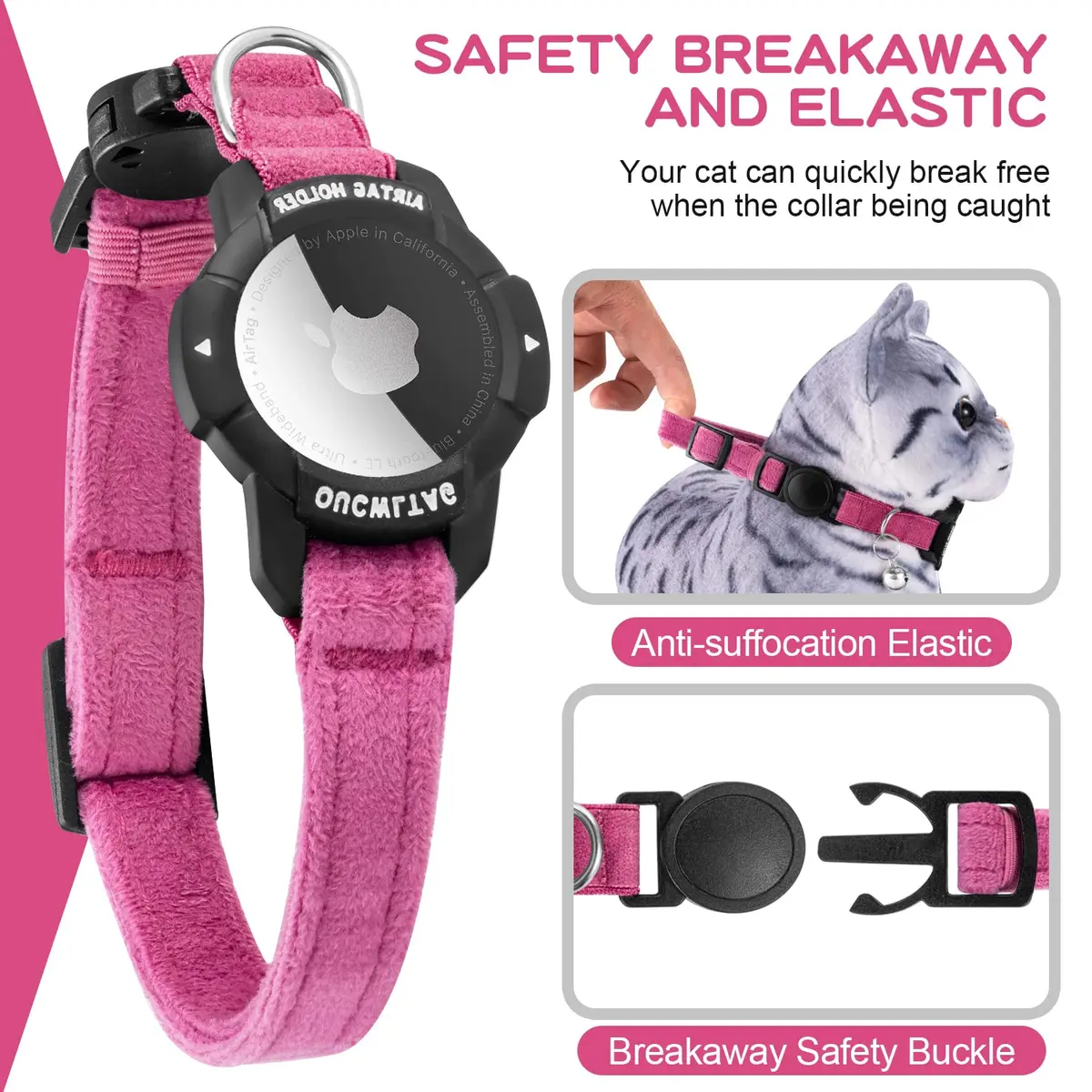 OUCWLTAG Pink Animal Collar with GPS & Luminous AirTag Holder | Breakaway Safety Elastic Band (7-10 Inch) - view 3