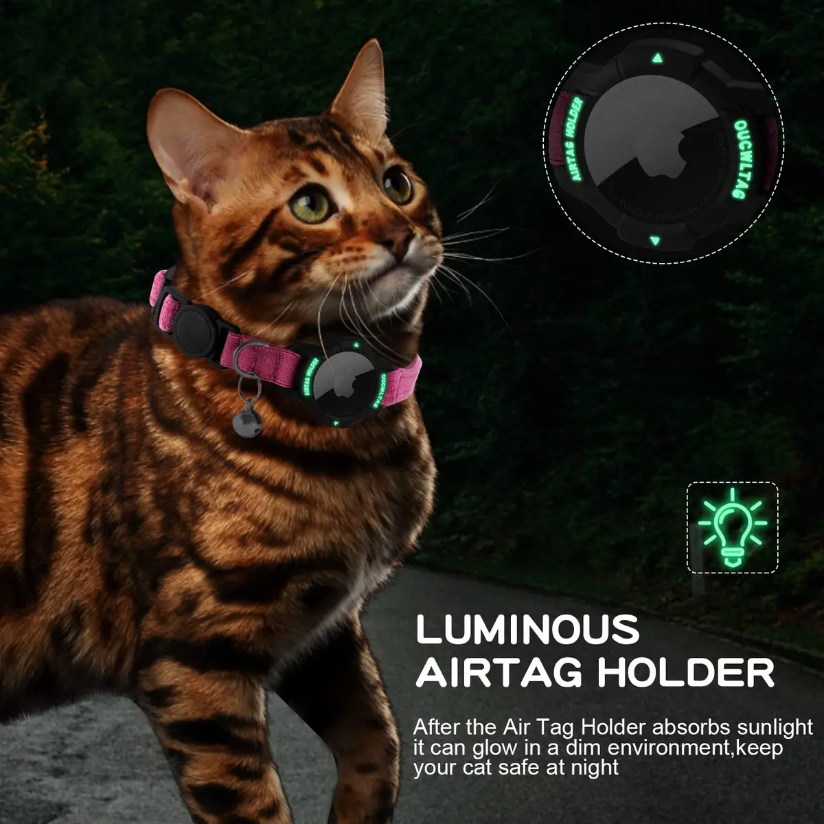 OUCWLTAG Pink Animal Collar with GPS & Luminous AirTag Holder | Breakaway Safety Elastic Band (7-10 Inch) - view 4