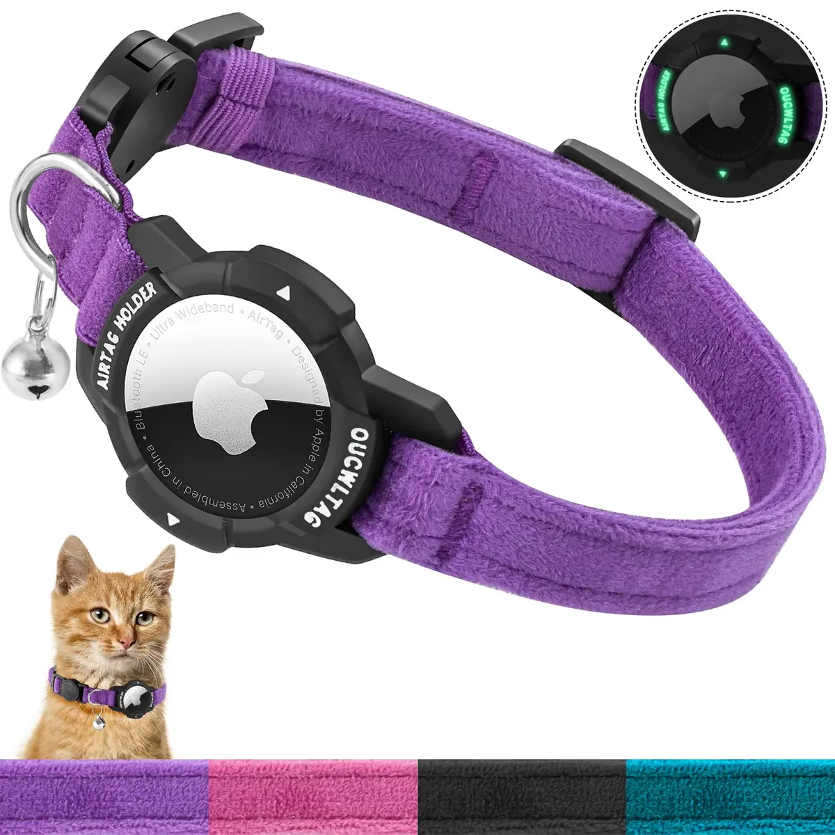 OUCWLTAG Luminous AirTag Cat Collar Breakaway 9-13 Inch | Safety Elastic Band, Purple - main product image