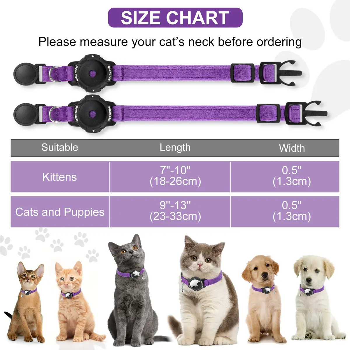 OUCWLTAG Luminous AirTag Cat Collar Breakaway 9-13 Inch | Safety Elastic Band, Purple - view 6