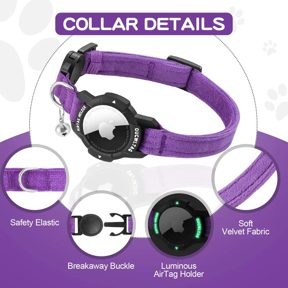 OUCWLTAG Luminous AirTag Cat Collar Breakaway 9-13 Inch | Safety Elastic Band, Purple - view 2