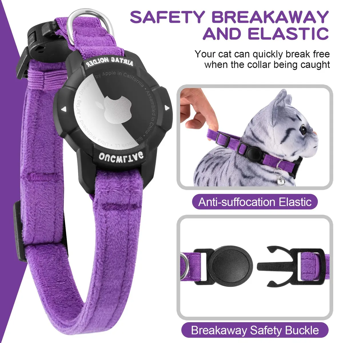 OUCWLTAG Luminous AirTag Cat Collar Breakaway 9-13 Inch | Safety Elastic Band, Purple - view 3