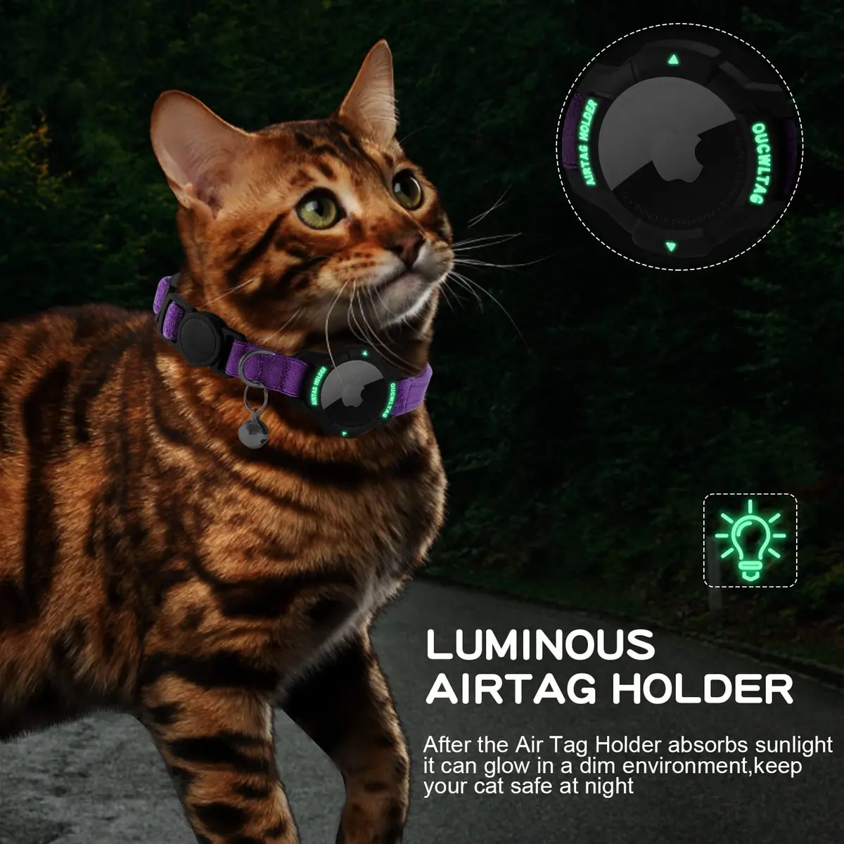 OUCWLTAG Luminous AirTag Cat Collar Breakaway 9-13 Inch | Safety Elastic Band, Purple - view 4