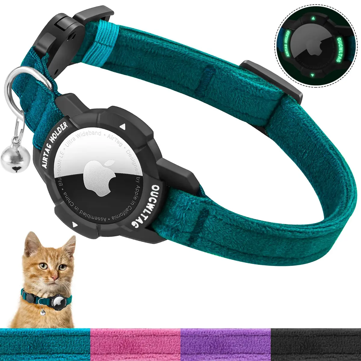 OUCWLTAG Luminous AirTag Cat Collar Breakaway 7-10 Inch | GPS Pet Tracker with Safety Elastic Band - main product image