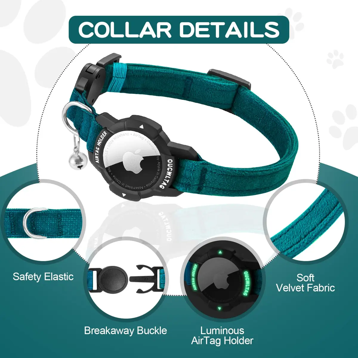 OUCWLTAG Luminous AirTag Cat Collar Breakaway 7-10 Inch | GPS Pet Tracker with Safety Elastic Band - view 2