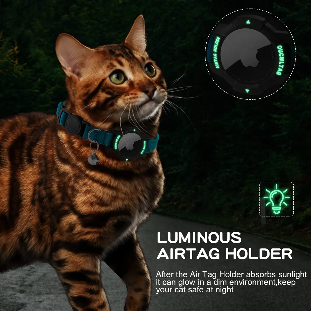 OUCWLTAG Luminous AirTag Cat Collar Breakaway 7-10 Inch | GPS Pet Tracker with Safety Elastic Band - view 4