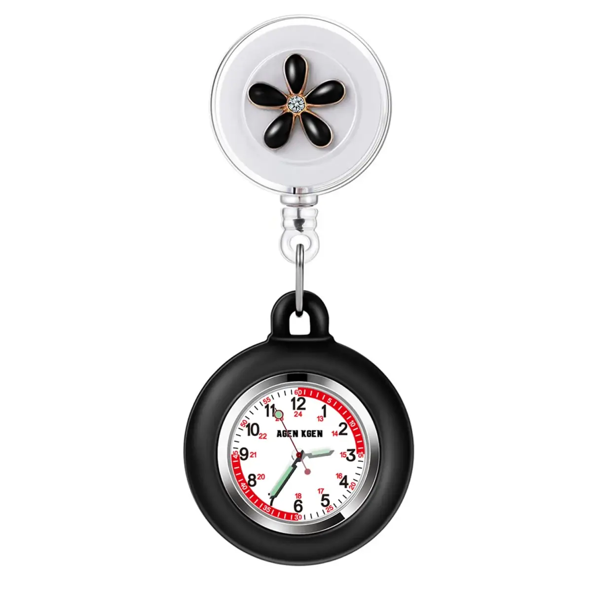 AGEN KGEN Black Nurse Watch - Retractable Clip-On Fob Watch with Easy-Read Analog Dial - main product image