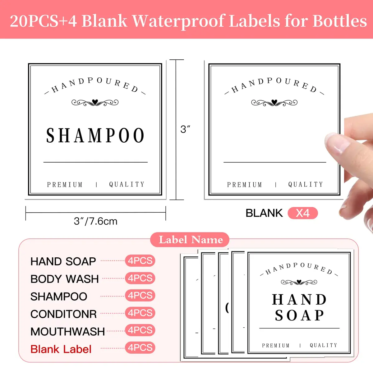 HVSWLY 24PCS Bathroom Labels for Soap Dispenser, Bottle Labels for Hand Soap, Mouthwash, Shampoo, Conditioner, Body Wash | Waterproof & Reusable - view 2