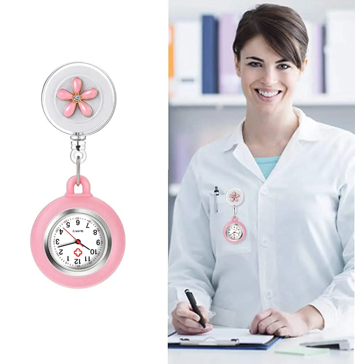 AGEN KGEN Pink Nurse Watch for Nurses & Doctors | Retractable Clip-On Fob Watch 4cm Diameter - view 3