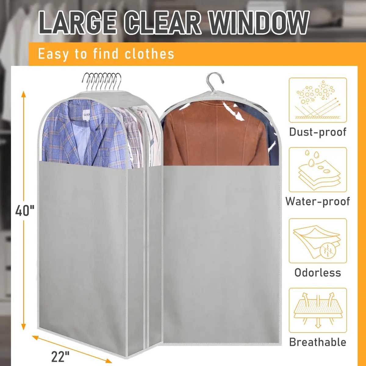 MISSLO Garment Bags 40" | Clear Suit Storage for Closet, 3 Pack, Grey - view 5