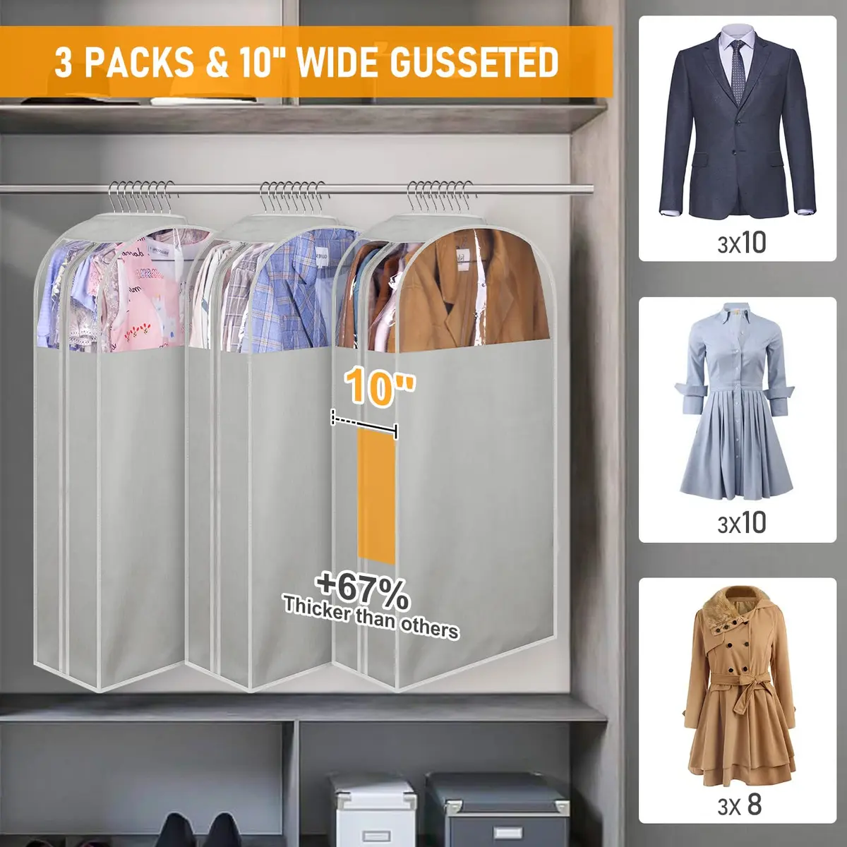 MISSLO Garment Bags 40" | Clear Suit Storage for Closet, 3 Pack, Grey - view 2