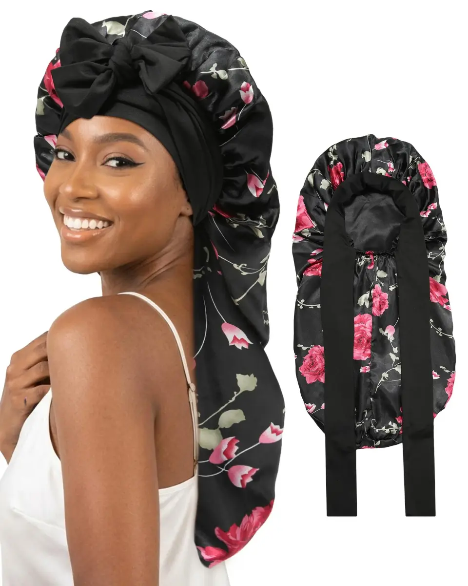 AWAYTR Long Flower C Satin Bonnet for Braids - Double Layer Hair Bonnet with Straps - main product image