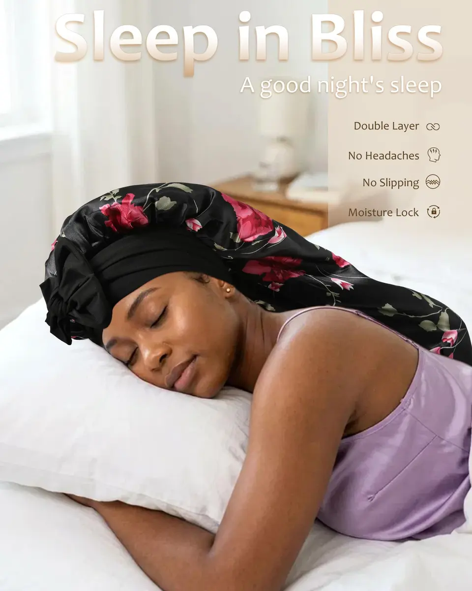 AWAYTR Long Satin Bonnet for Braids | Double Layer Sleep Cap for Long Hair, 68cm (27in) - view 6