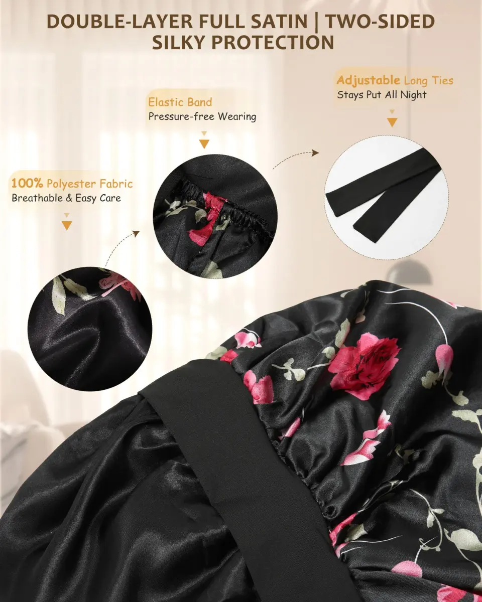 AWAYTR Long Flower C Satin Bonnet for Braids - Double Layer Hair Bonnet with Straps - view 3
