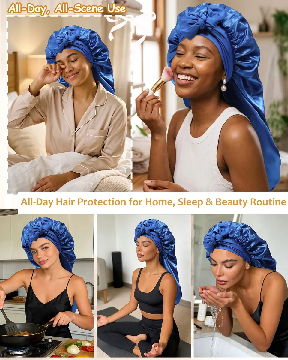 AWAYTR Long Satin Bonnet for Braids - Double Layer Hair Bonnet for Sleeping | Elastic Wide Band, Moisture Lock, Long & Breathable - view 5