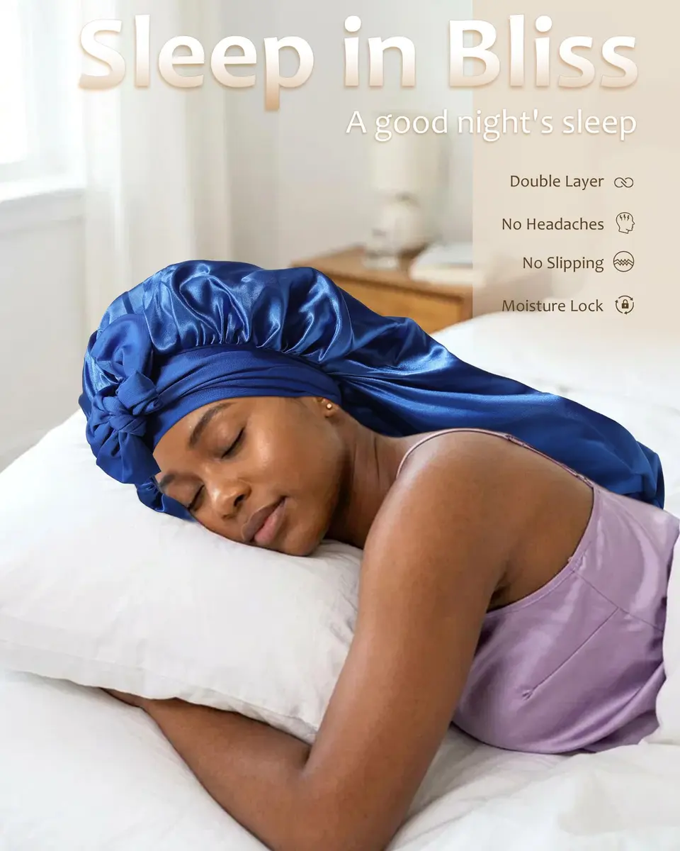AWAYTR Long Satin Bonnet for Braids - Double Layer Hair Bonnet for Sleeping | Elastic Wide Band, Moisture Lock, Long & Breathable - view 6