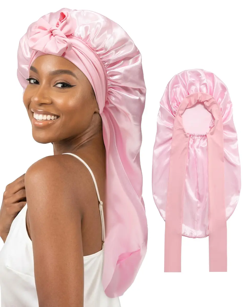 AWAYTR Long Satin Bonnet for Braids | Double Layer Hair Bonnet for Sleeping, 68cm (27in), Pink - main product image
