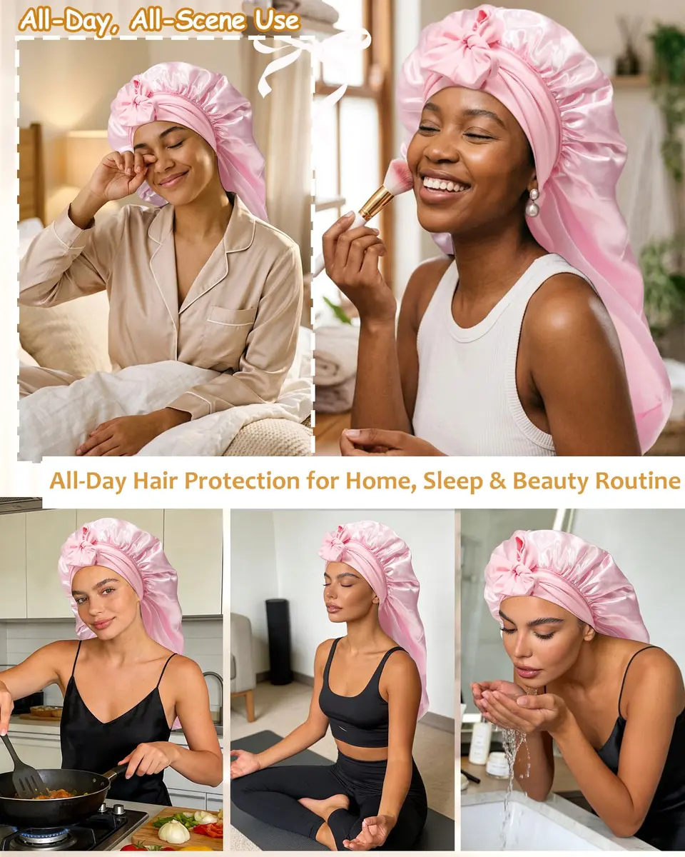 AWAYTR Long Satin Bonnet for Braids | Double Layer Hair Bonnet for Sleeping, 68cm (27in), Pink - view 5
