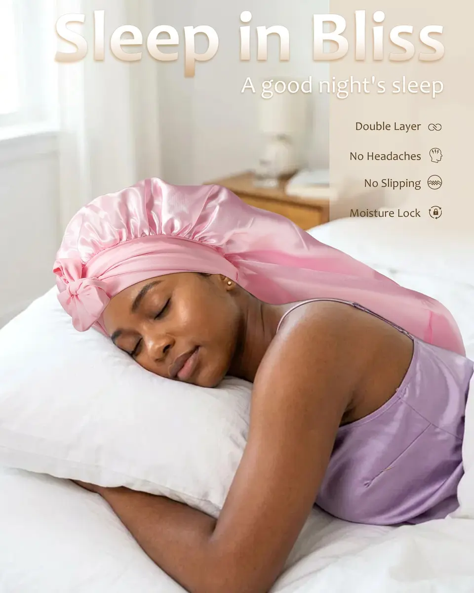 AWAYTR Long Satin Bonnet for Braids | Double Layer Hair Bonnet for Sleeping, 68cm (27in), Pink - view 6