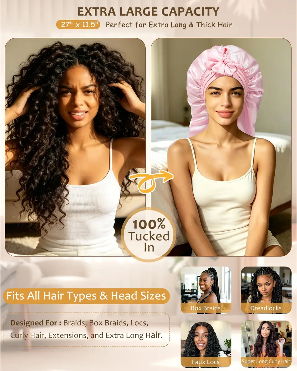 AWAYTR Long Satin Bonnet for Braids | Double Layer Hair Bonnet for Sleeping, 68cm (27in), Pink - view 2