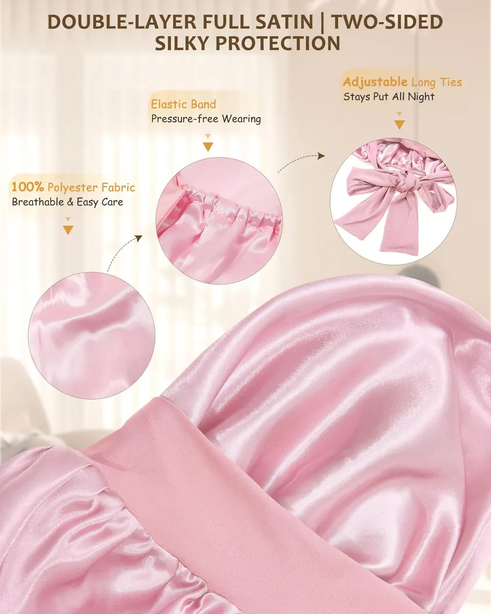 AWAYTR Long Satin Bonnet for Braids | Double Layer Hair Bonnet for Sleeping, 68cm (27in), Pink - view 3