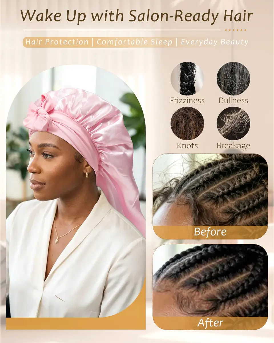 AWAYTR Long Satin Bonnet for Braids | Double Layer Hair Bonnet for Sleeping, 68cm (27in), Pink - view 4