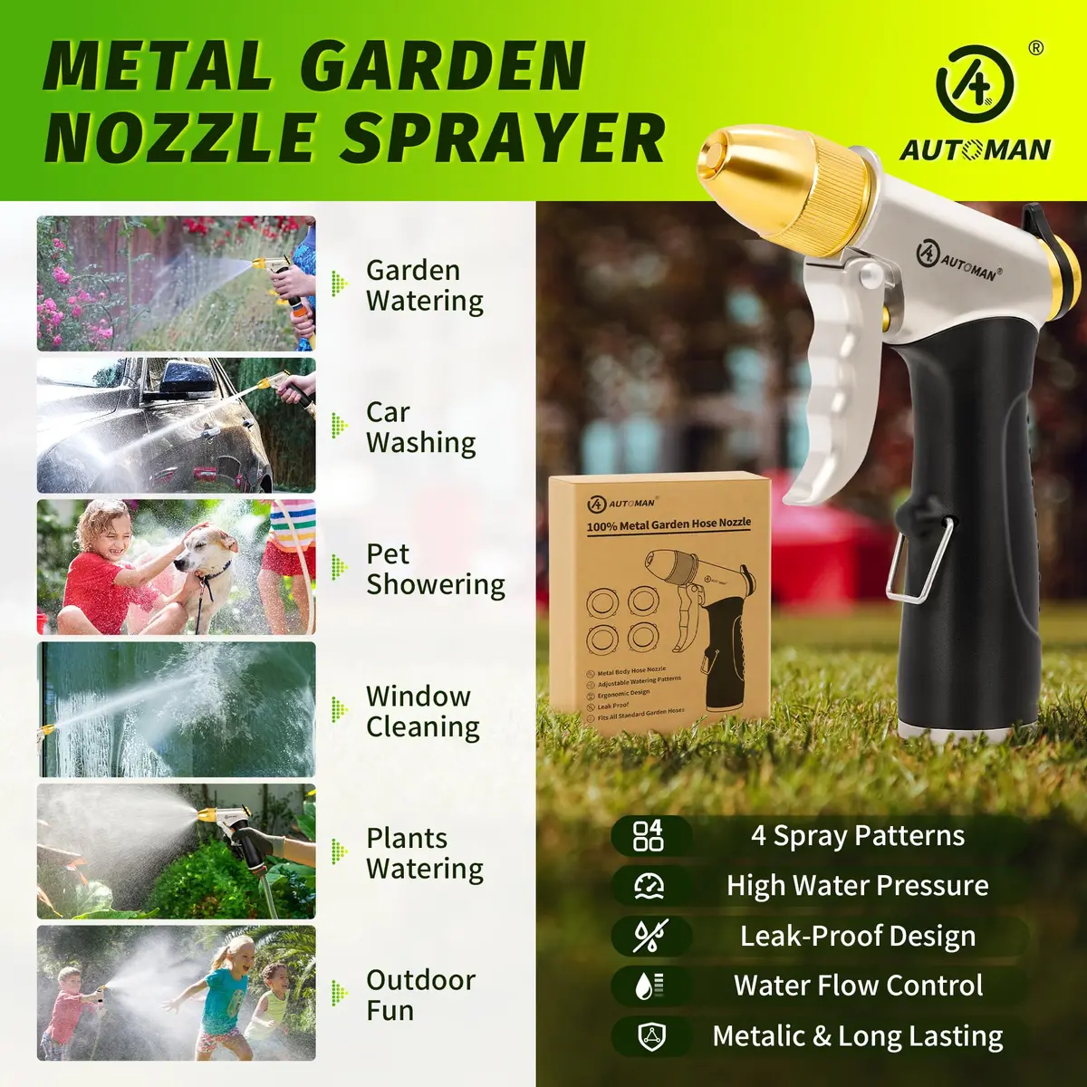 AUTOMAN Metal Hose Nozzle 3/4 inches | Heavy Duty Garden Water Sprayer with 4 Patterns - view 6