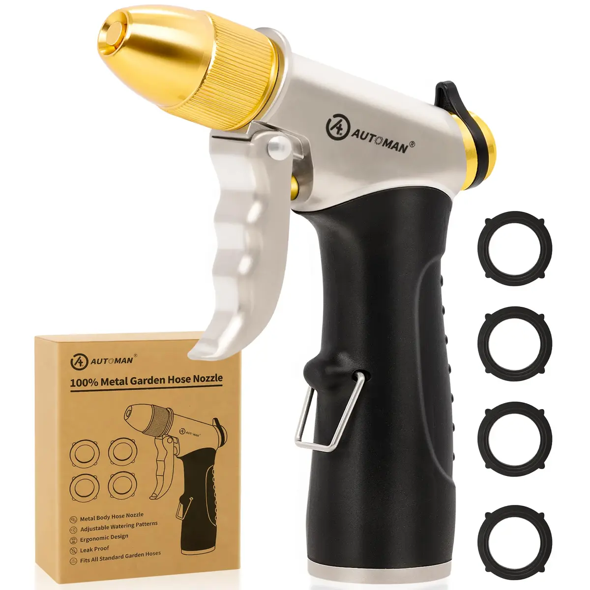 AUTOMAN Metal Hose Nozzle 3/4 inches | Heavy Duty Garden Water Sprayer with 4 Patterns - main product image