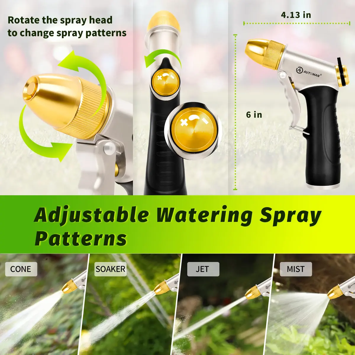 AUTOMAN Metal Hose Nozzle 3/4 inches | Heavy Duty Garden Water Sprayer with 4 Patterns - view 2