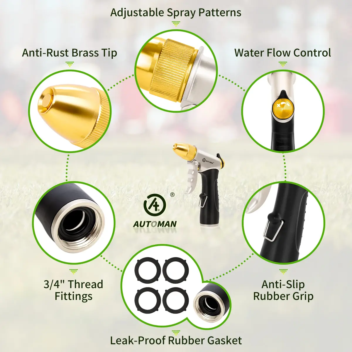AUTOMAN Metal Hose Nozzle 3/4 inches | Heavy Duty Garden Water Sprayer with 4 Patterns - view 3
