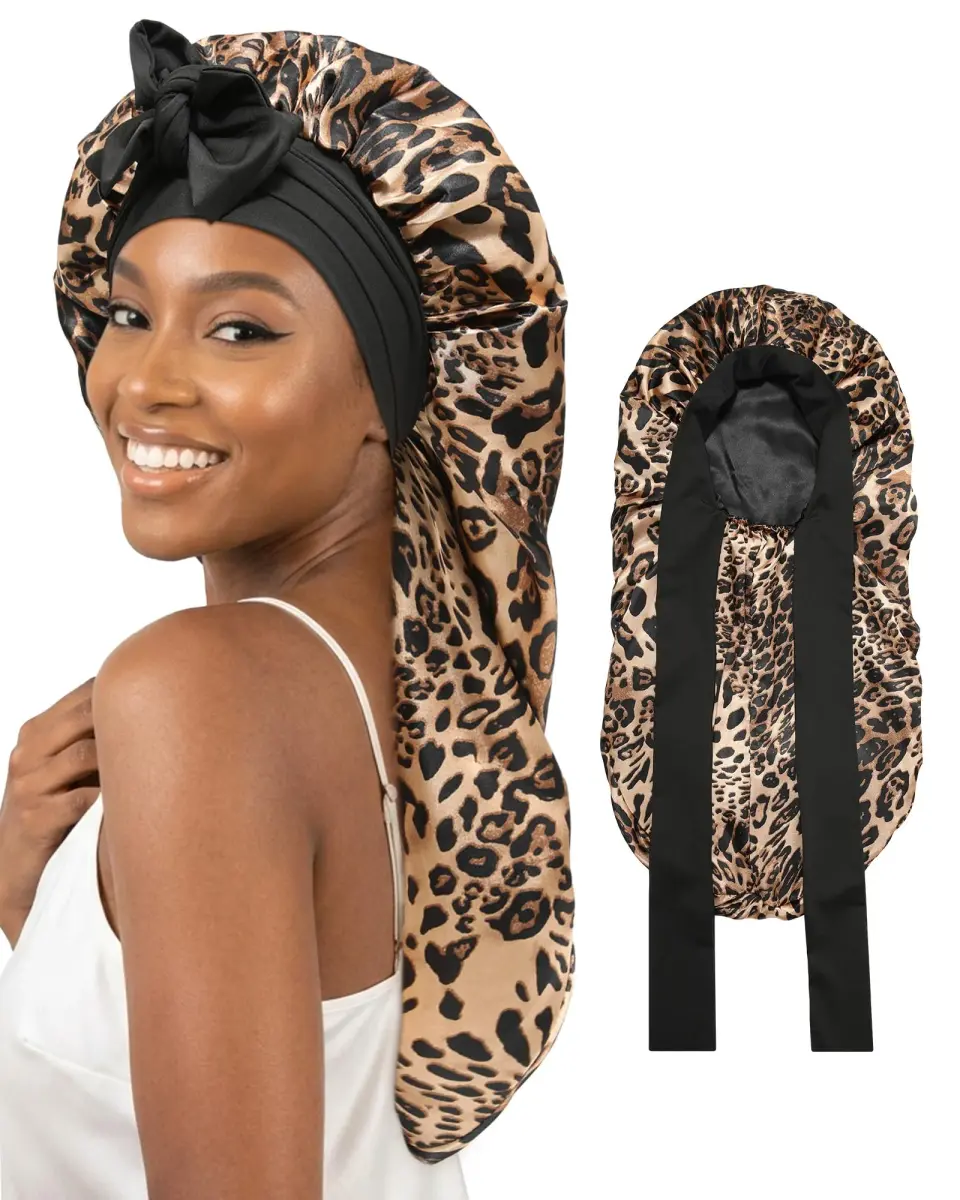 AWAYTR Long Leopard Print Satin Bonnet for Braids - Double Layer Hair Bonnet with Straps, 27in - main product image