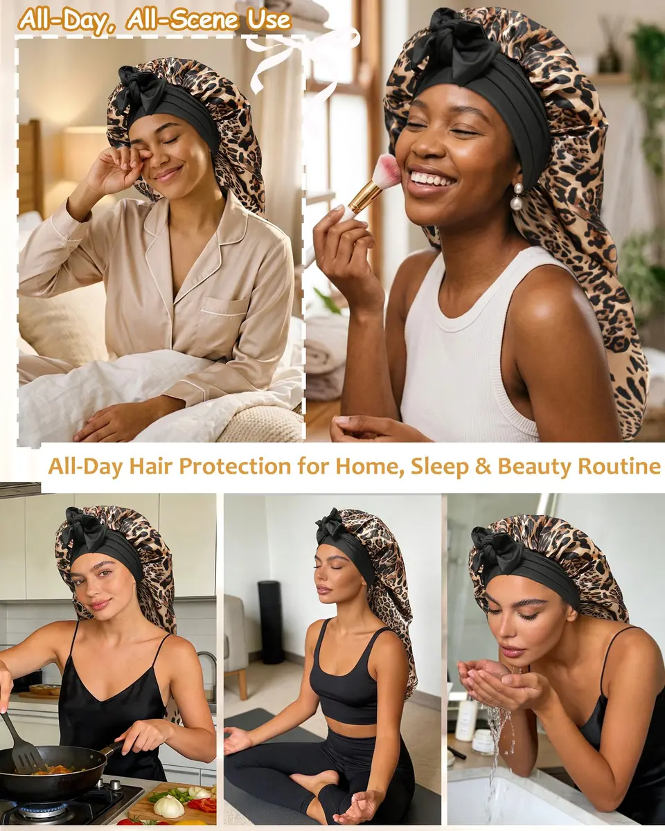 AWAYTR Long Satin Bonnet for Braids | Double Layer Sleep Cap for Long Hair, 68cm (27in), Elastic Wide Band, Breathable Polyester - view 5