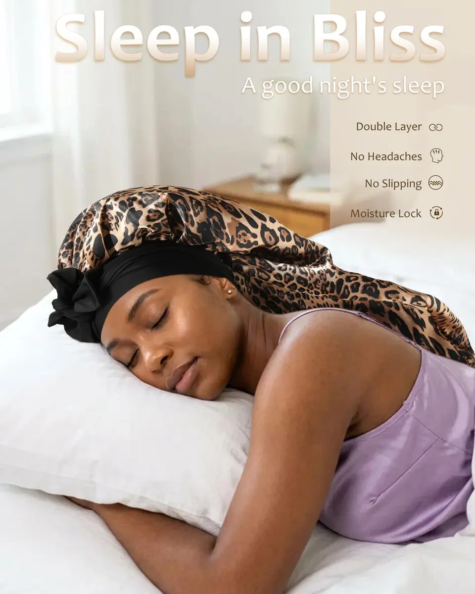 AWAYTR Long Satin Bonnet for Braids | Double Layer Sleep Cap for Long Hair, 68cm (27in), Elastic Wide Band, Breathable Polyester - view 6