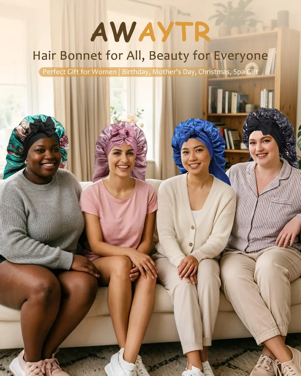 AWAYTR Long Satin Bonnet for Braids | Double Layer Sleep Cap for Long Hair, 68cm (27in), Elastic Wide Band, Breathable Polyester - view 7