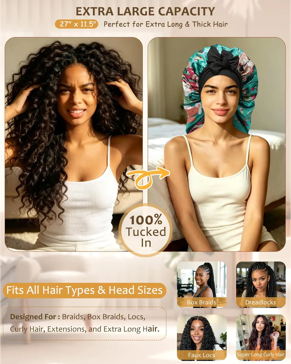 AWAYTR Long Satin Bonnet for Braids | Double Layer Sleep Cap for Long Hair, 68cm (27in) - view 2
