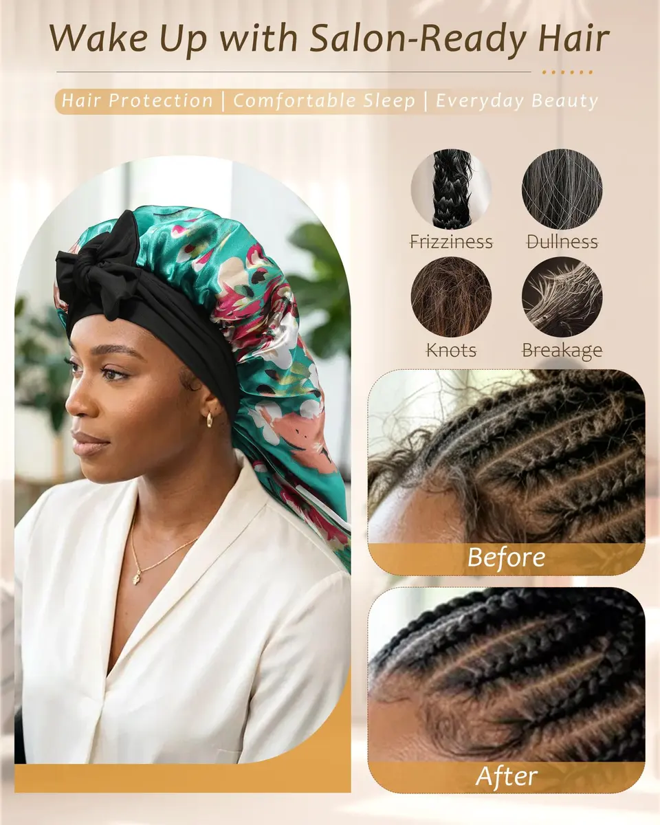 AWAYTR Long Satin Bonnet for Braids | Double Layer Sleep Cap for Long Hair, 68cm (27in) - view 4